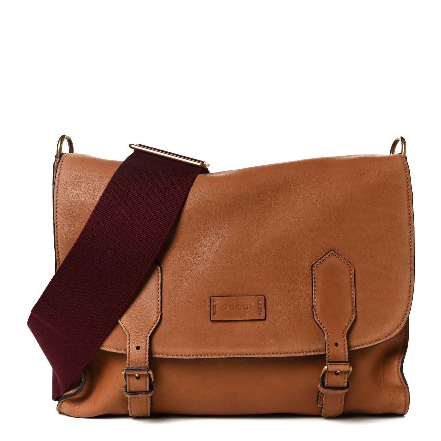 Grained Calfskin Mens Double Buckle Flap Messenger Bag Tan