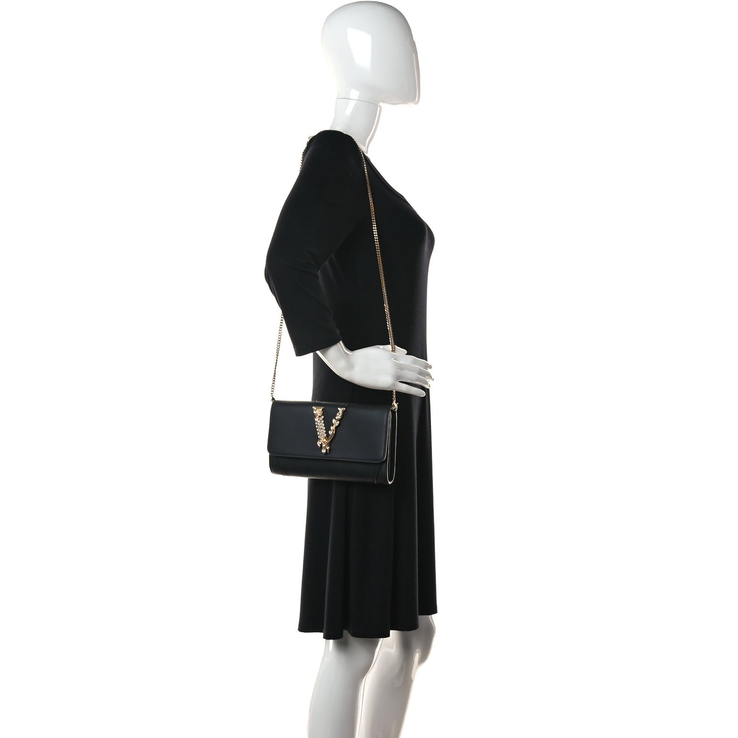 Vitello Crystal Virtus V Wallet Chain Crossbody Black