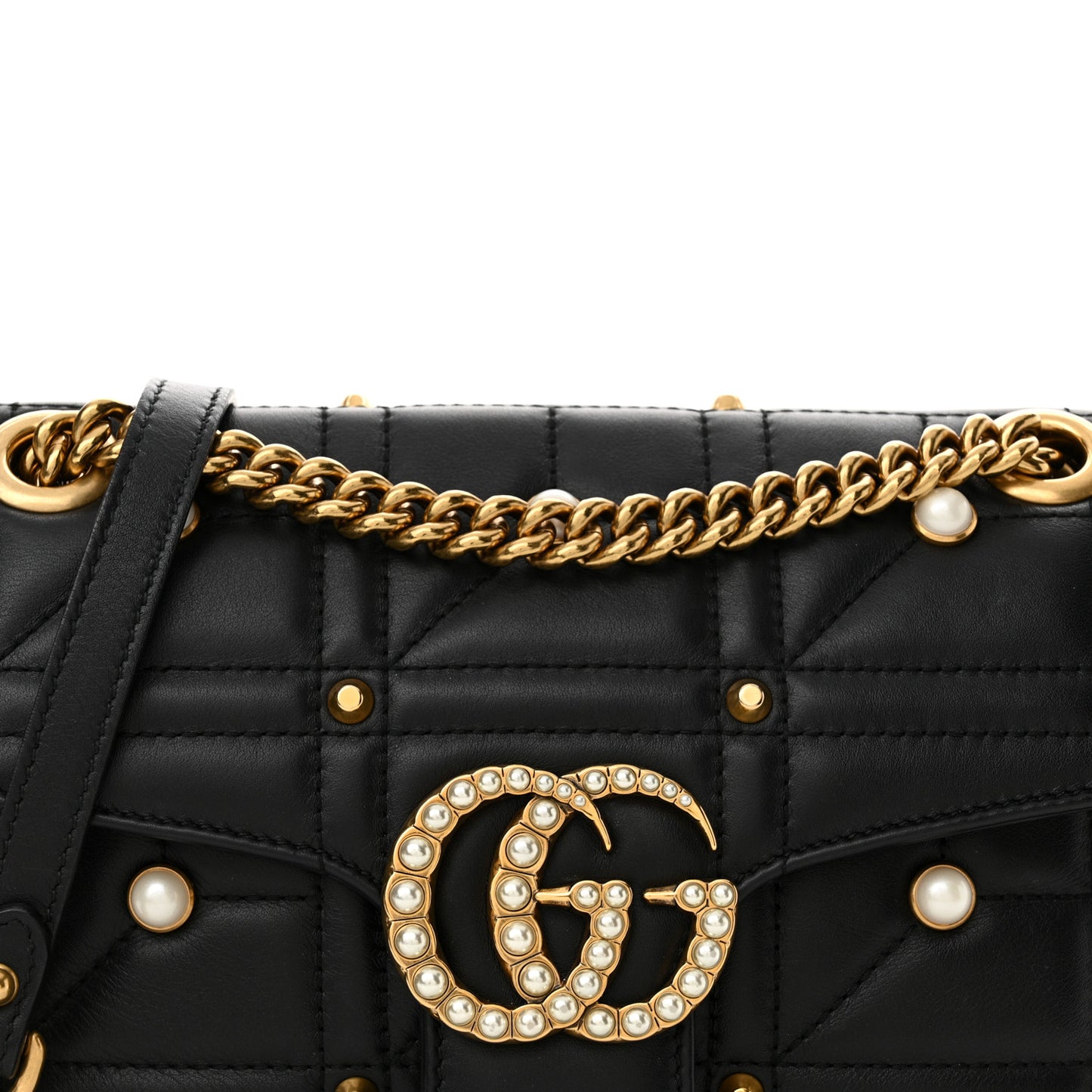 Calfskin Matelasse Studded Small Pearly GG Marmont Shoulder Bag Black