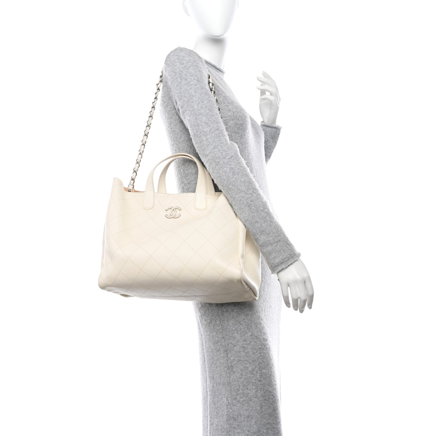 Caviar Stitched Large Shopping Tote White