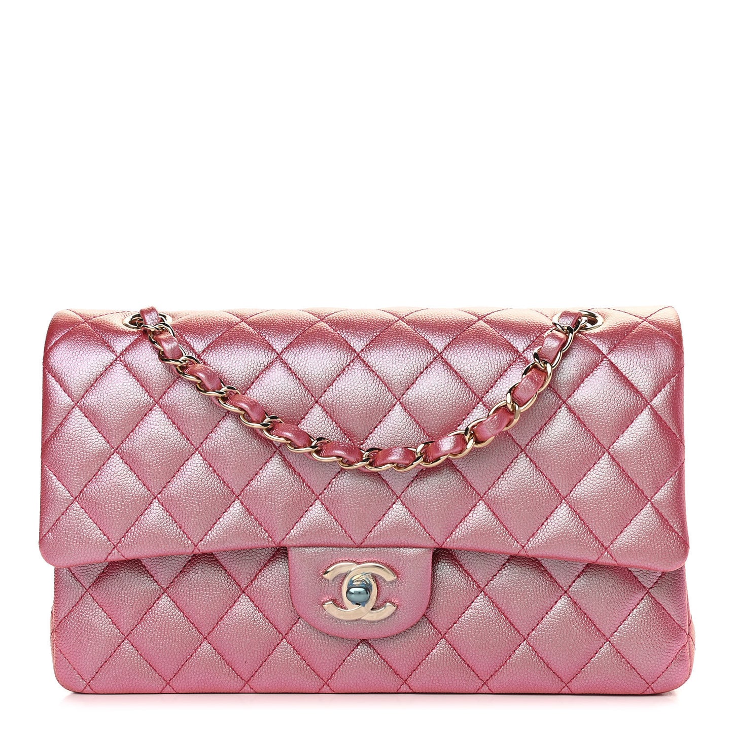 Iridescent Caviar Quilted Medium Double Flap Pink