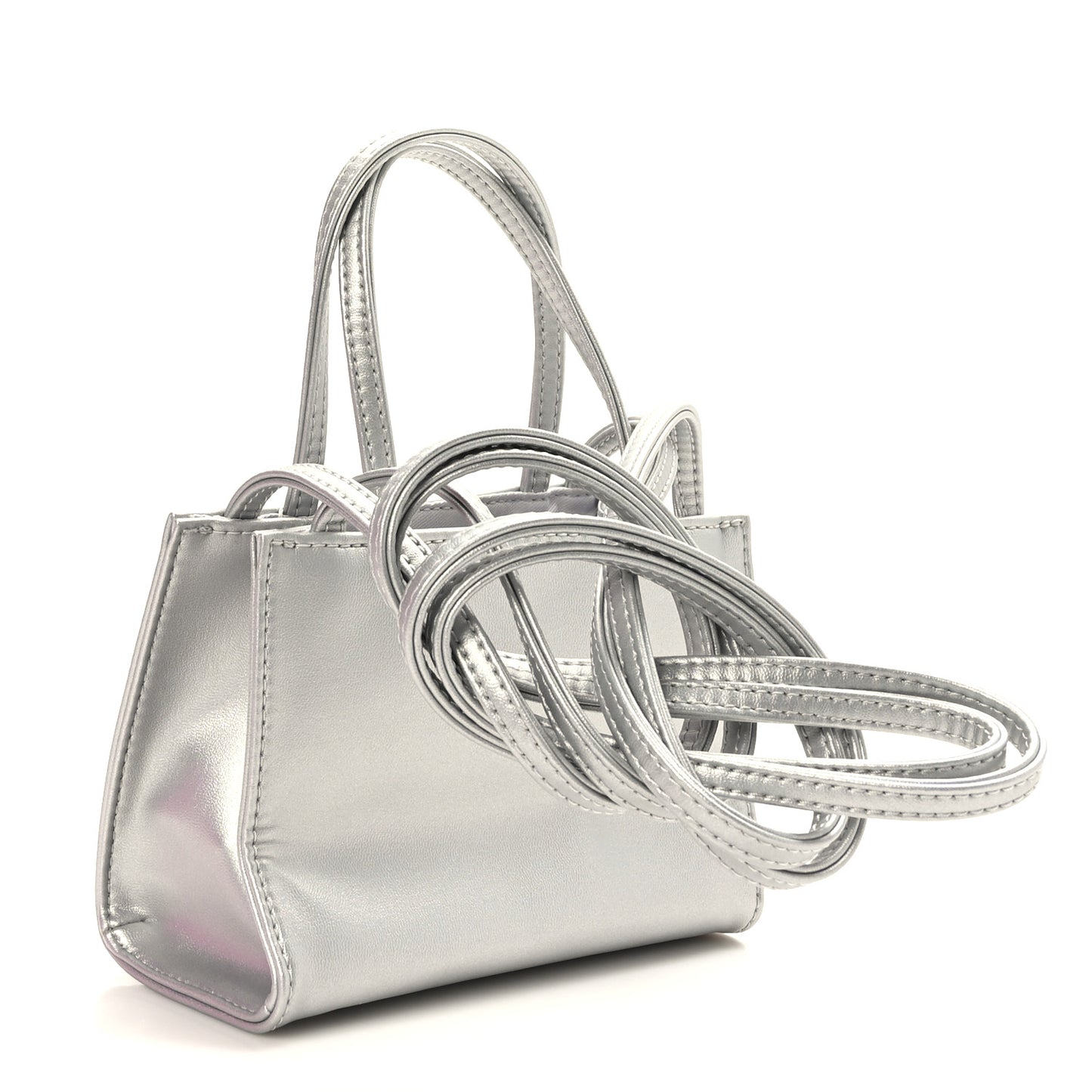 Metallic Vegan Leather Small Shopping Bag Silver