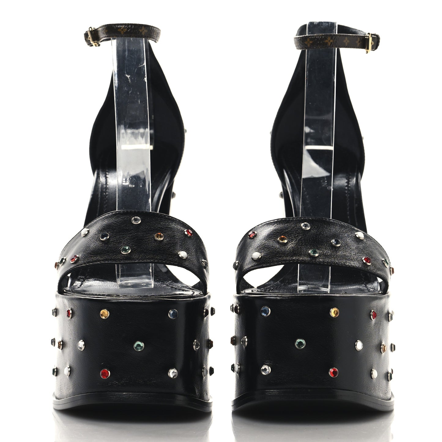 Calfskin Crystal Monogram Platform Sandals 37 Black Multicolor