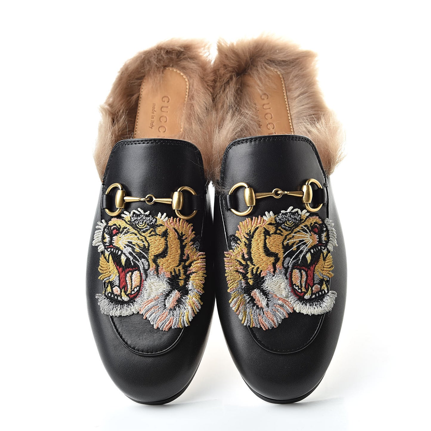 Calfskin Fur Tiger Embroidered Womens Princetown Slippers 35.5 Black