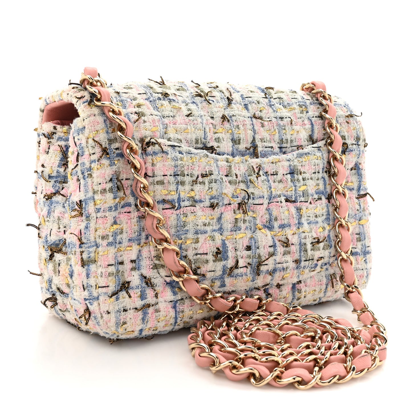 Tweed Quilted Mini Rectangular Flap Light Blue Pink Gold White