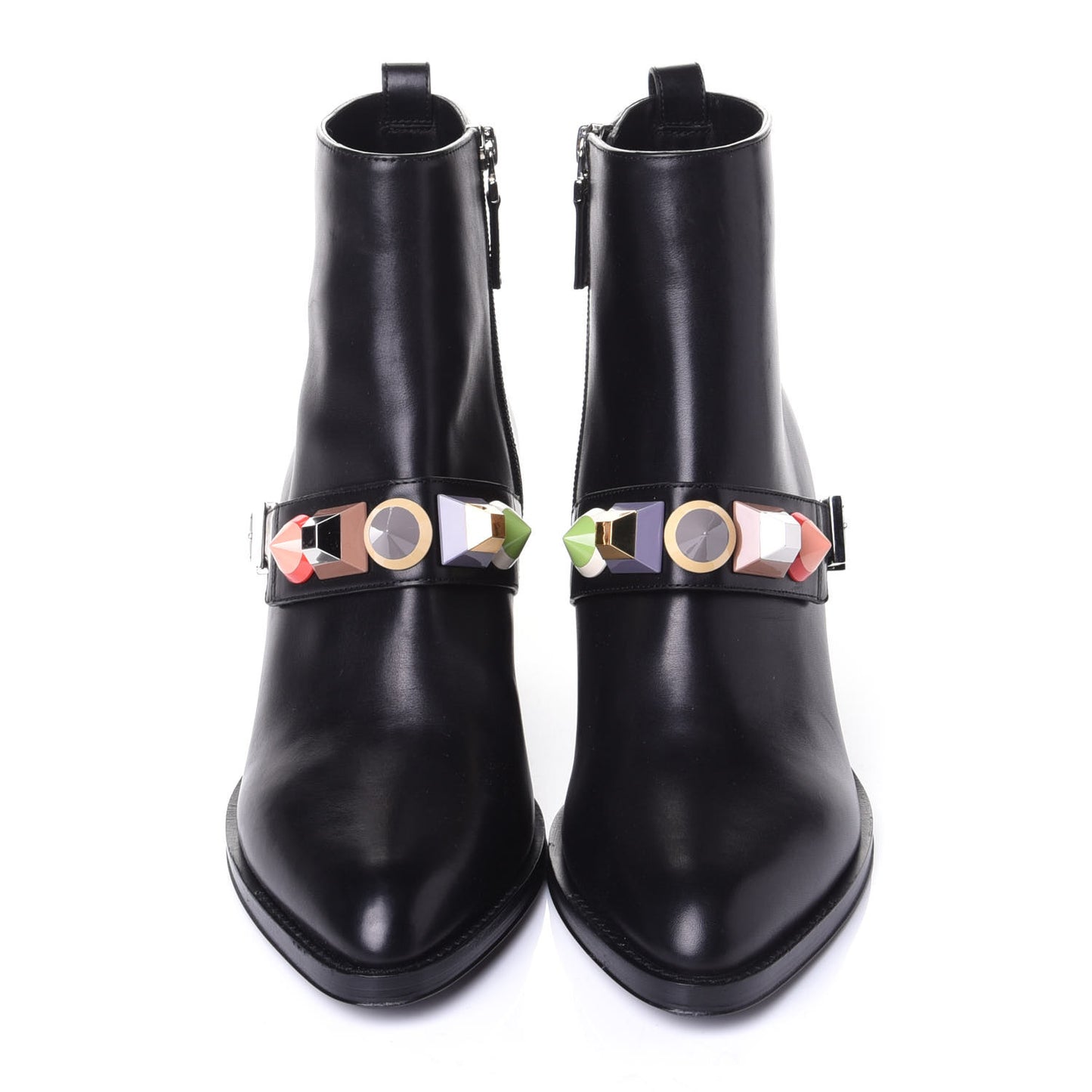 Calfskin Rainbow-Stud Ankle Boots 38.5 Black Multicolor