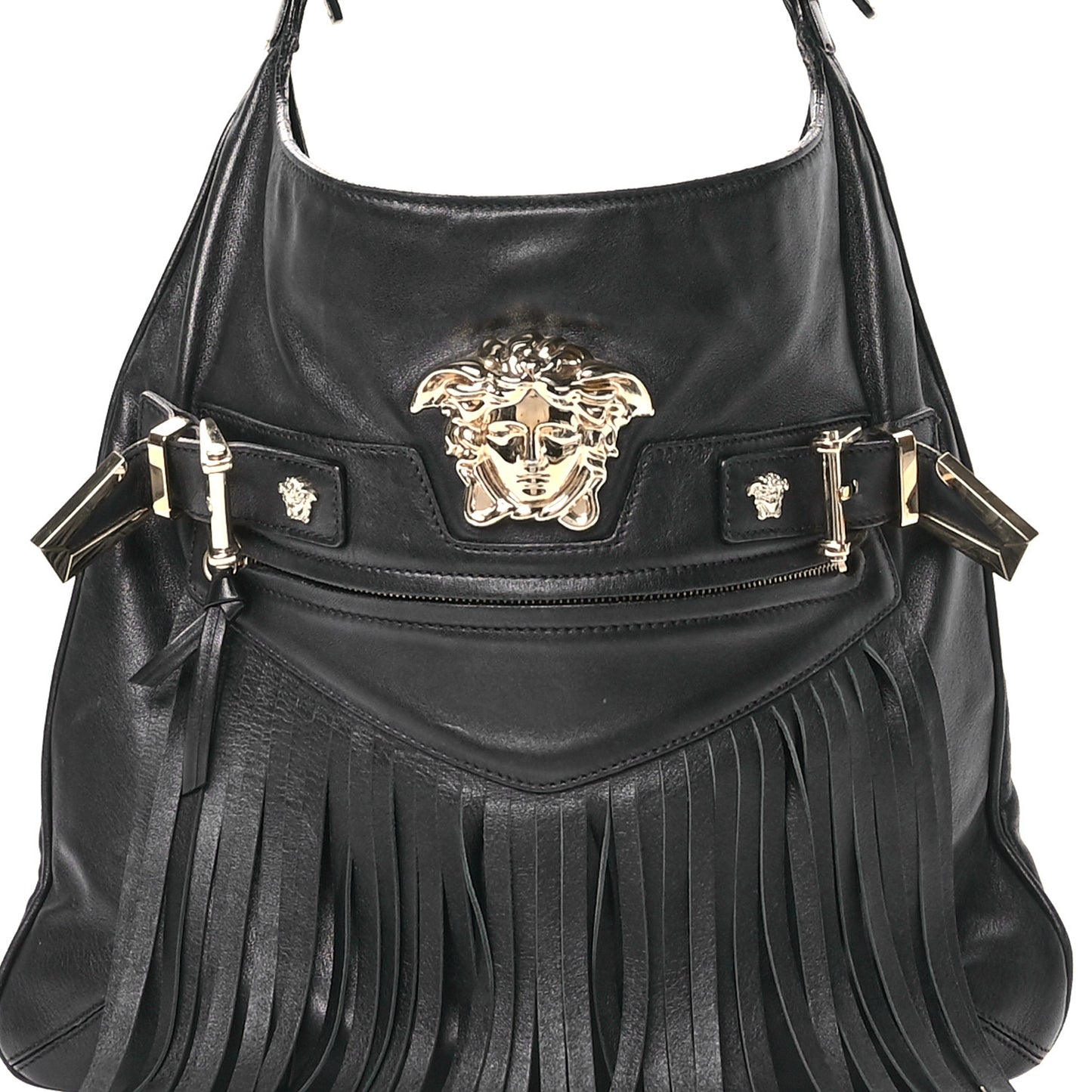 Calfskin Palazzo Fringe Shoulder Bag Black
