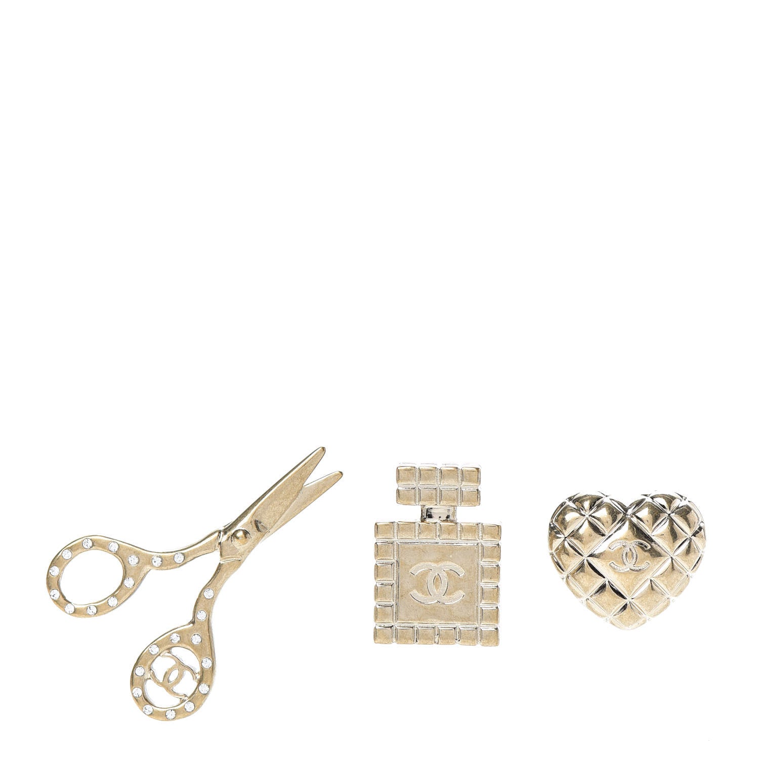 Chanel Metal Strass Crystal Quilted CC Heart Scissors Perfume Brooch Set Gold 1 of 5