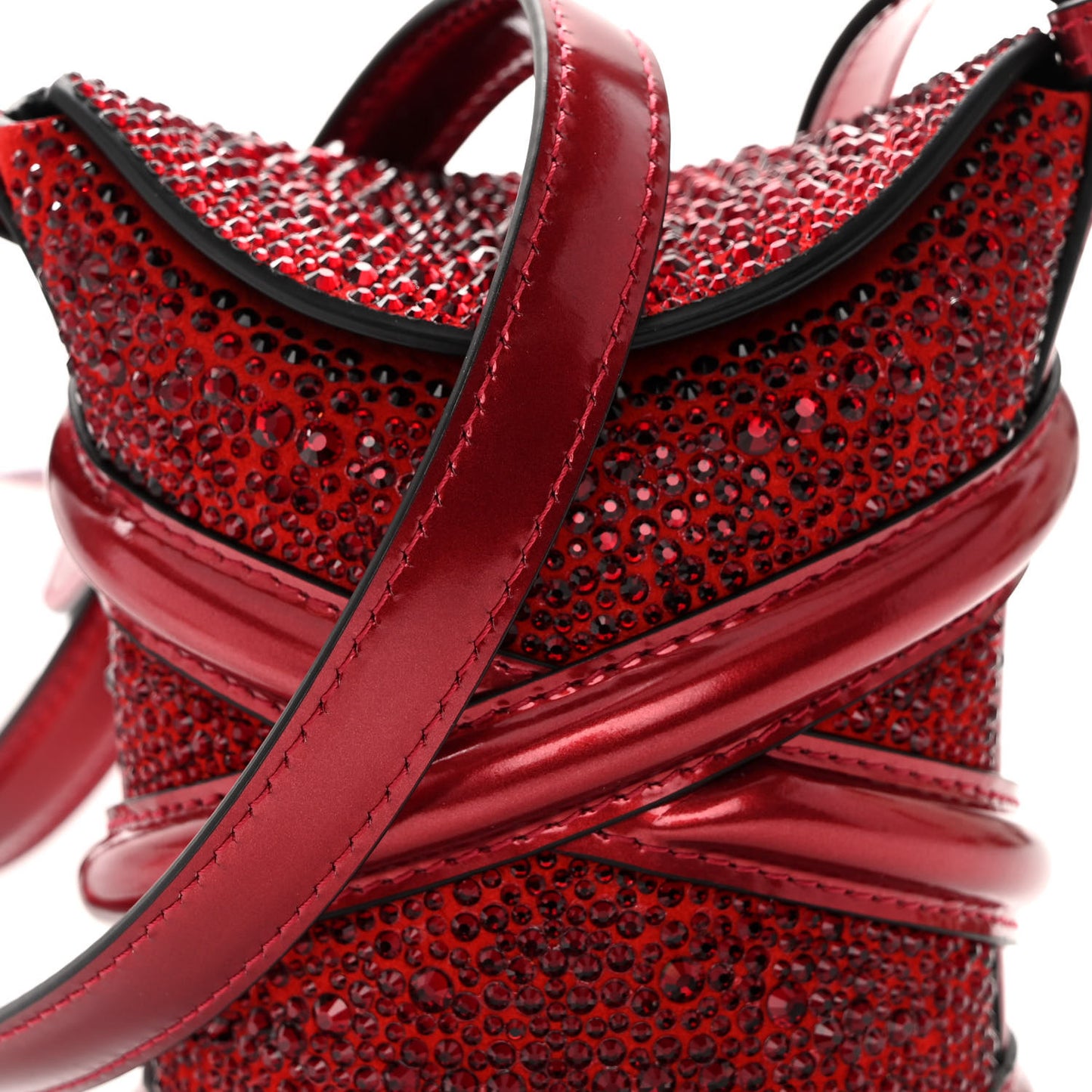 Metallic Calfskin Crystal Micro Curve Bucket Bag Red