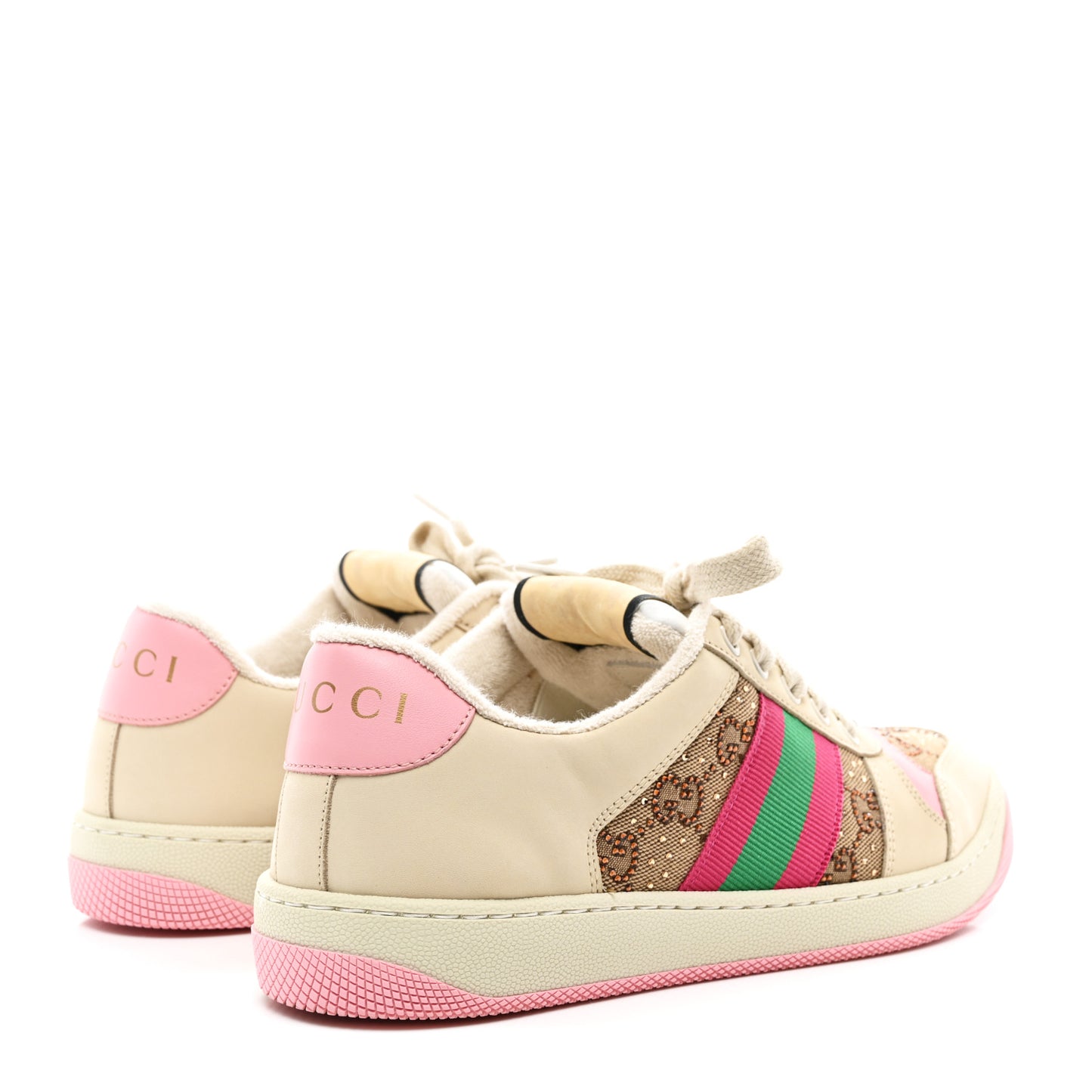 Calfskin GG Supreme Crystals Web Screener Sneakers 38.5 Beige Ebony Wild Rose