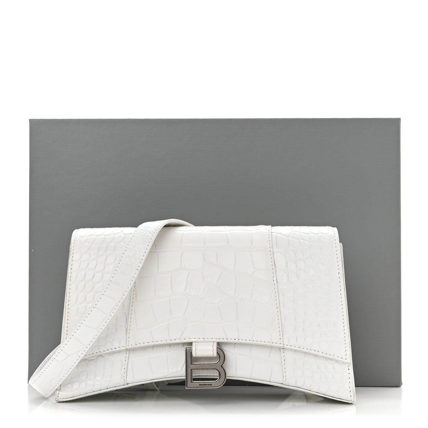 Shiny Calfskin Crocodile Embossed Small Hourglass Sling Shoulder Bag White