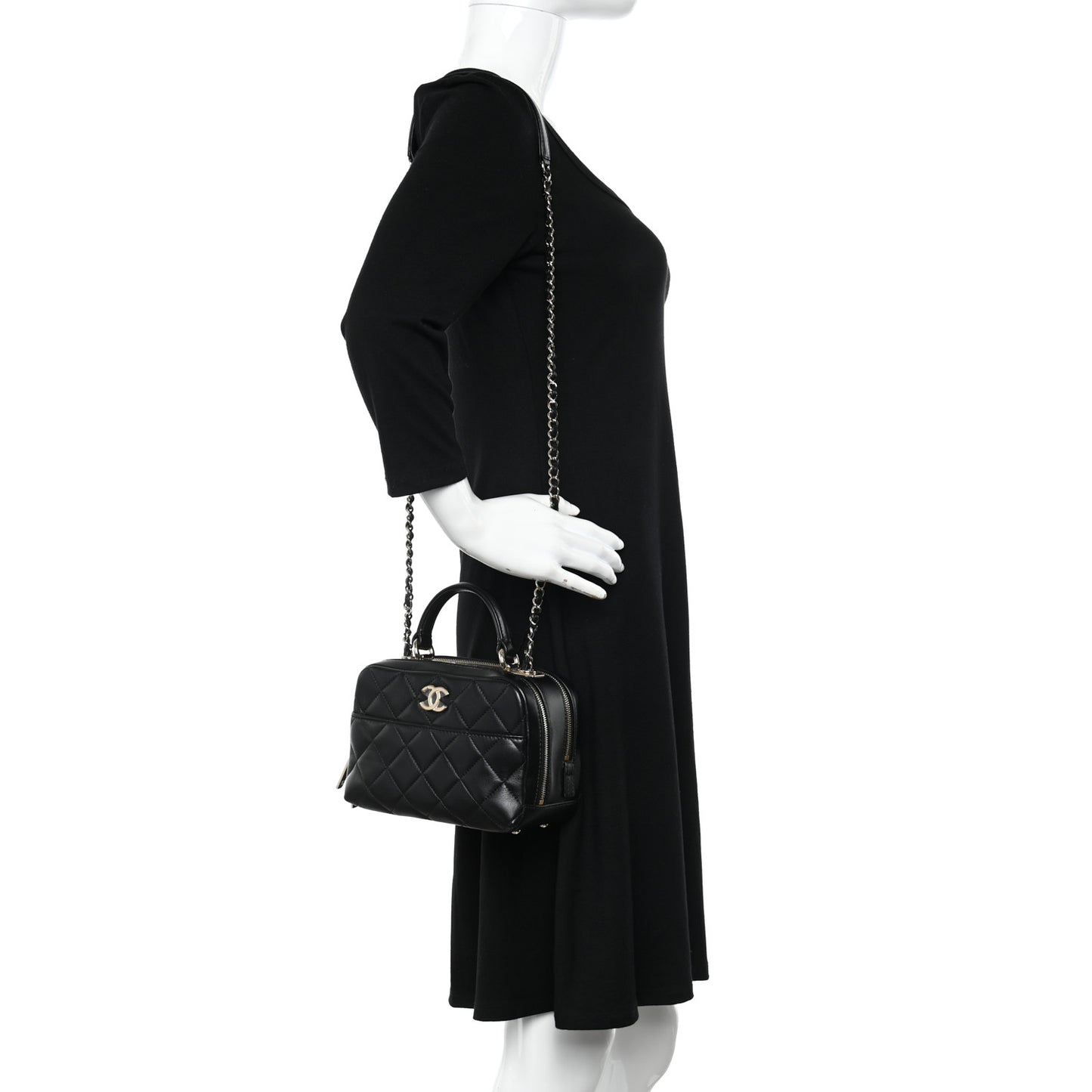 Lambskin Quilted Small Trendy CC Bowling Bag Black