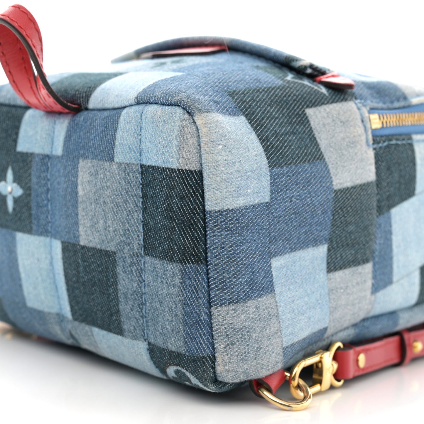 Denim Damier Monogram Patchwork Palm Springs Backpack Mini Blue Rouge