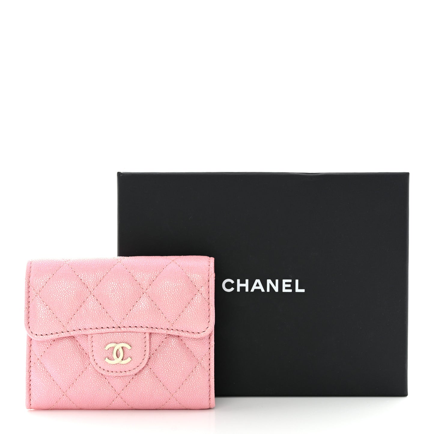 Iridescent Caviar Flap Quilted Card Holder Wallet Pink