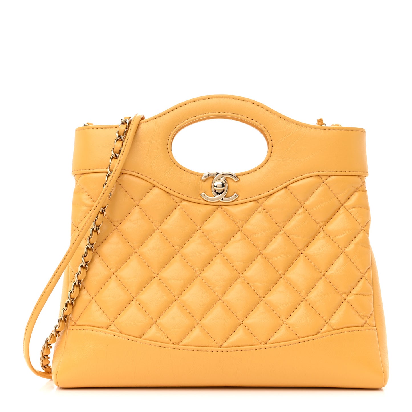 Shiny Crumpled Calfskin Quilted Mini 31 Shopping Bag Yellow