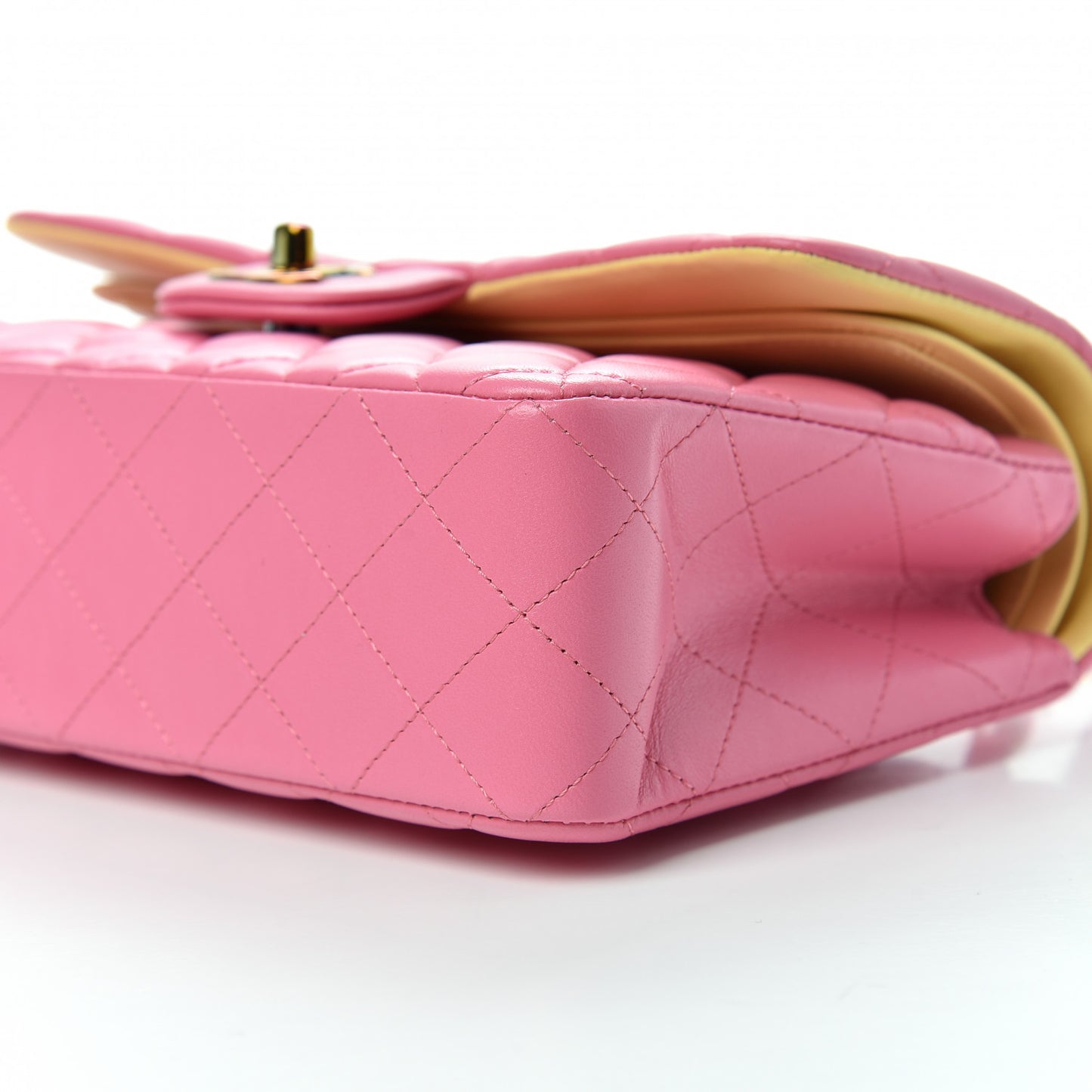 Lambskin Quilted Small Double Flap Pink Yellow