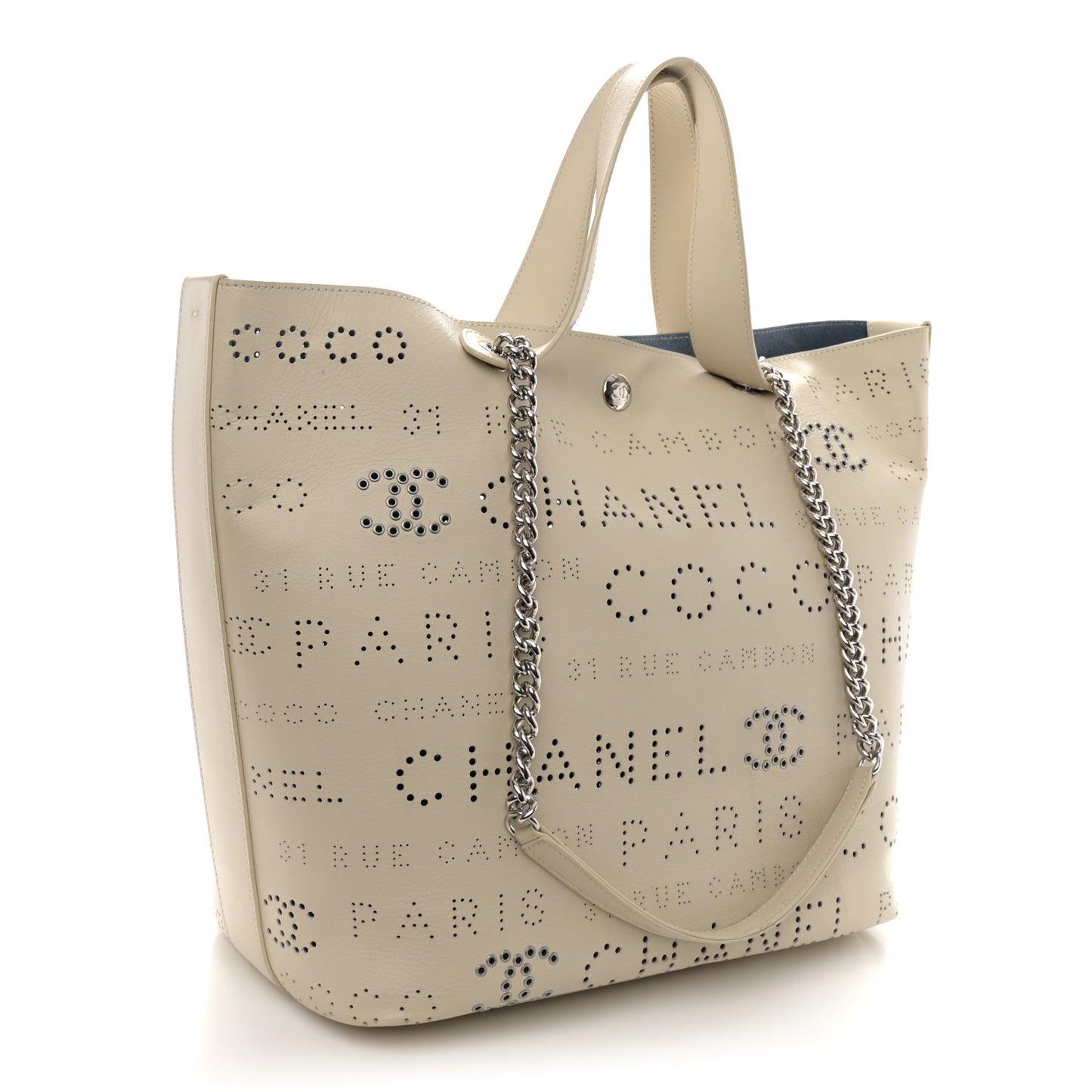 Calfskin Tweed Small Logo Eyelets Shopping Tote Beige