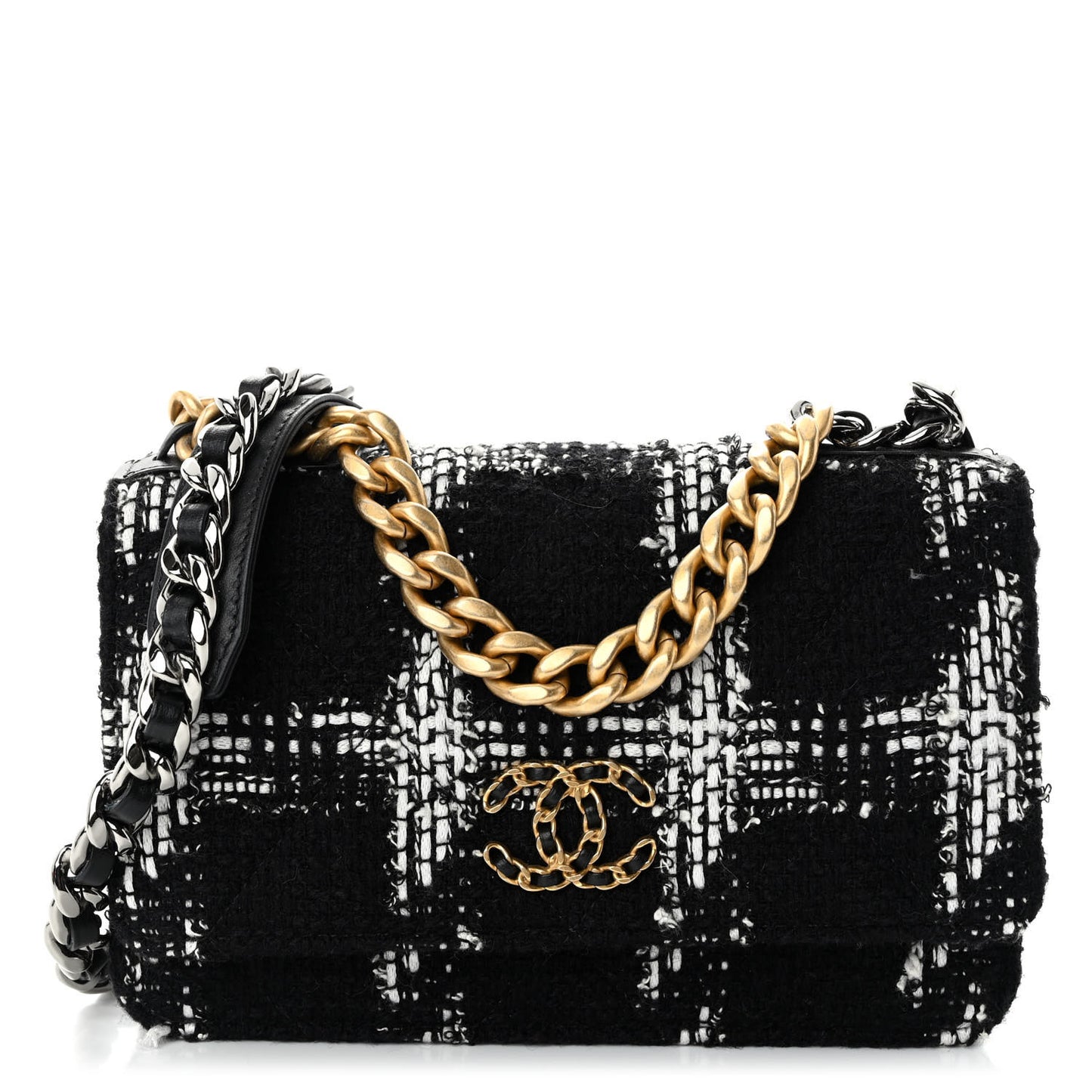 Tweed Quilted Chanel 19 Wallet On Chain WOC Black White