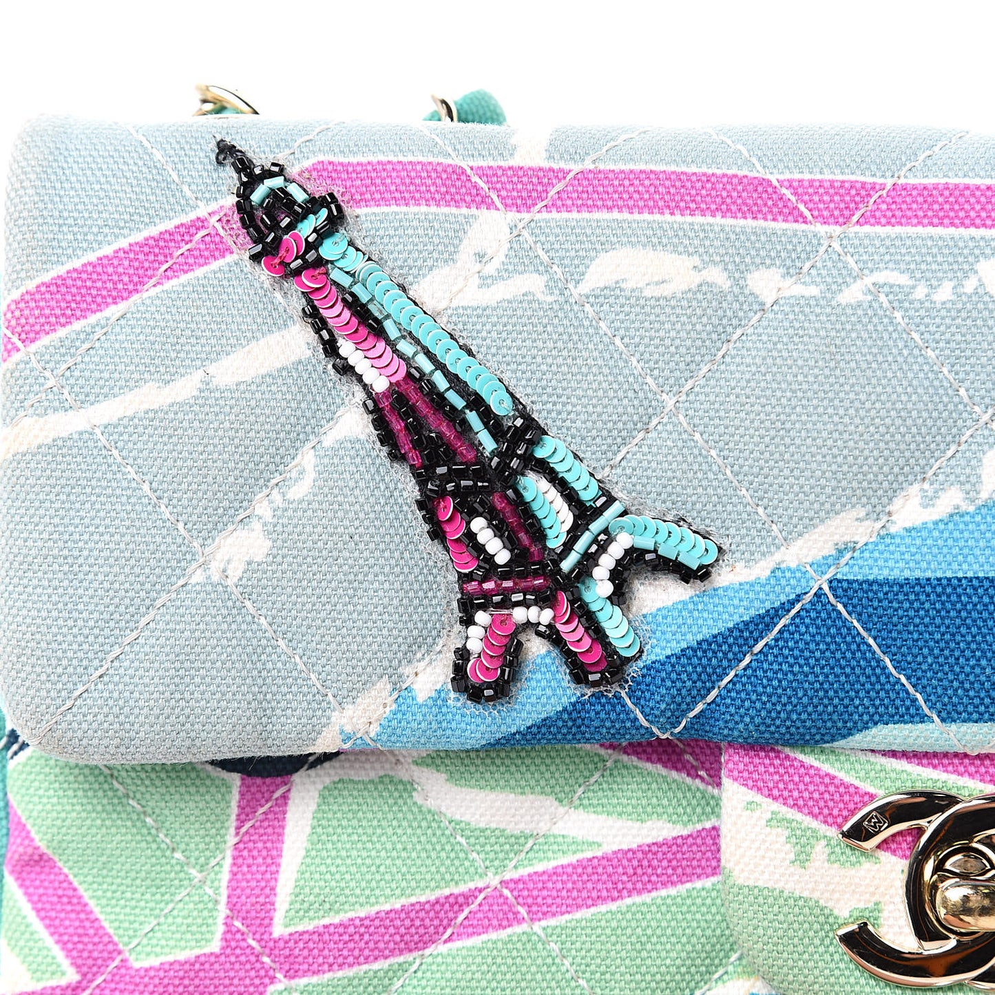 Canvas Small Printed Eiffel Tower Flap Bag Blue