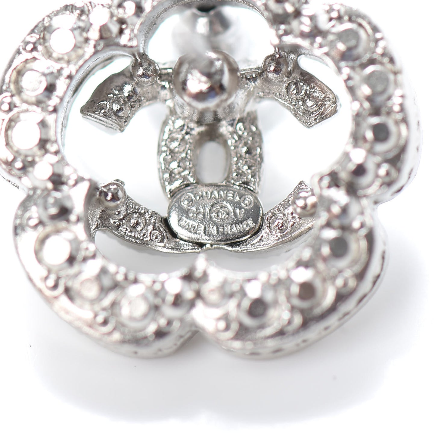 Crystal Coco Flapper Camellia CC Stud Earrings Silver