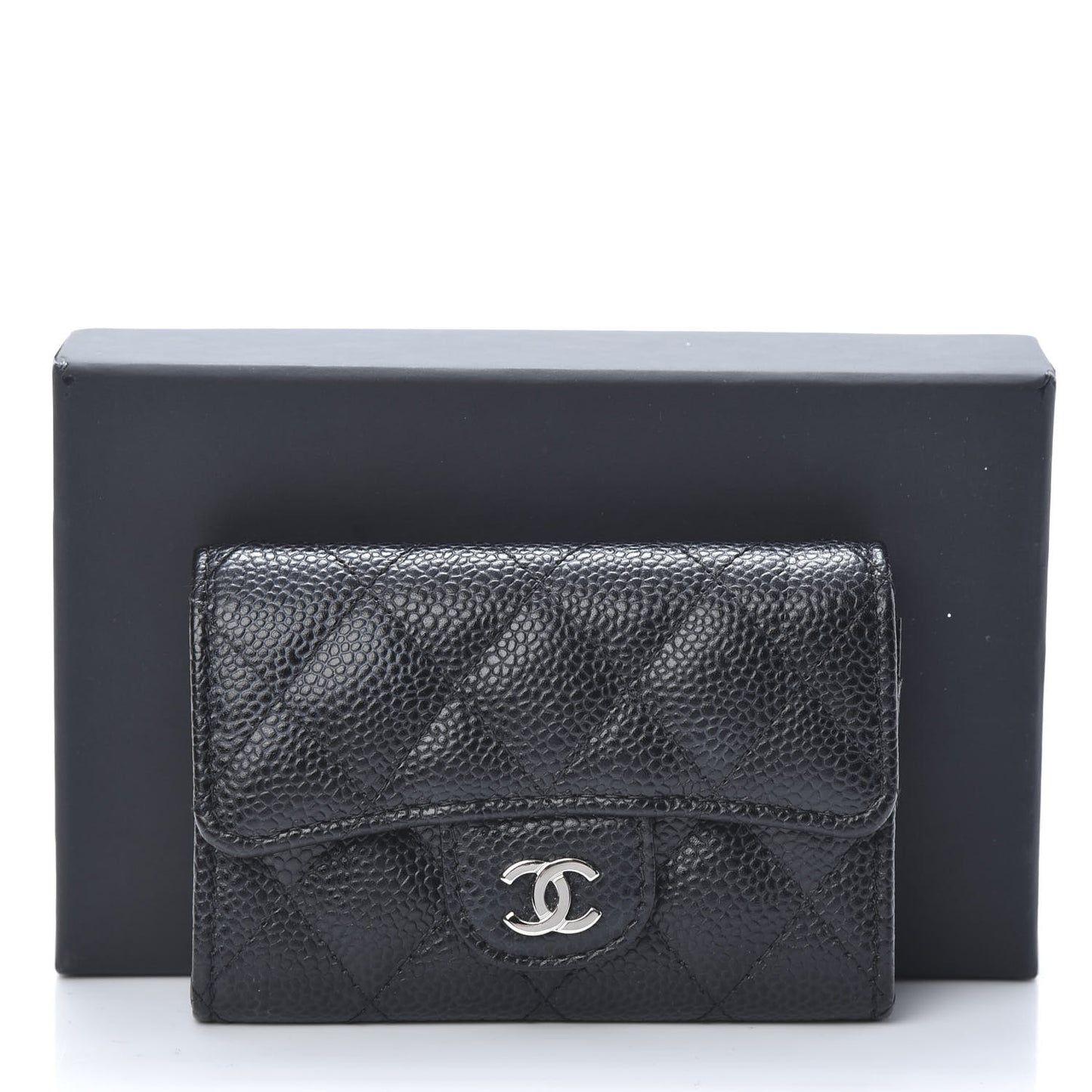 Caviar Quilted Flap Card Holder Wallet Black