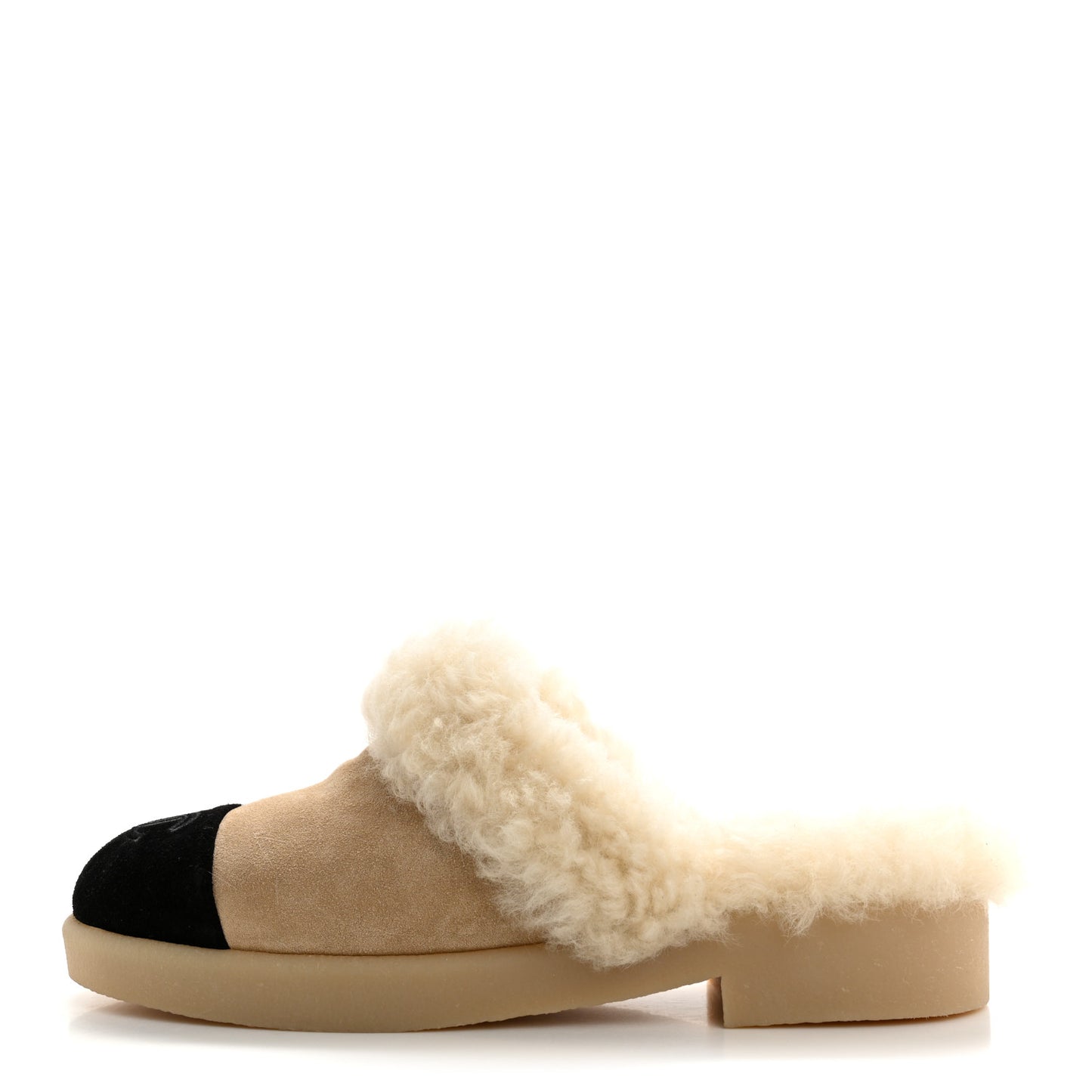 Suede Shearling CC Cap Toe Mules 38.5 Beige Black