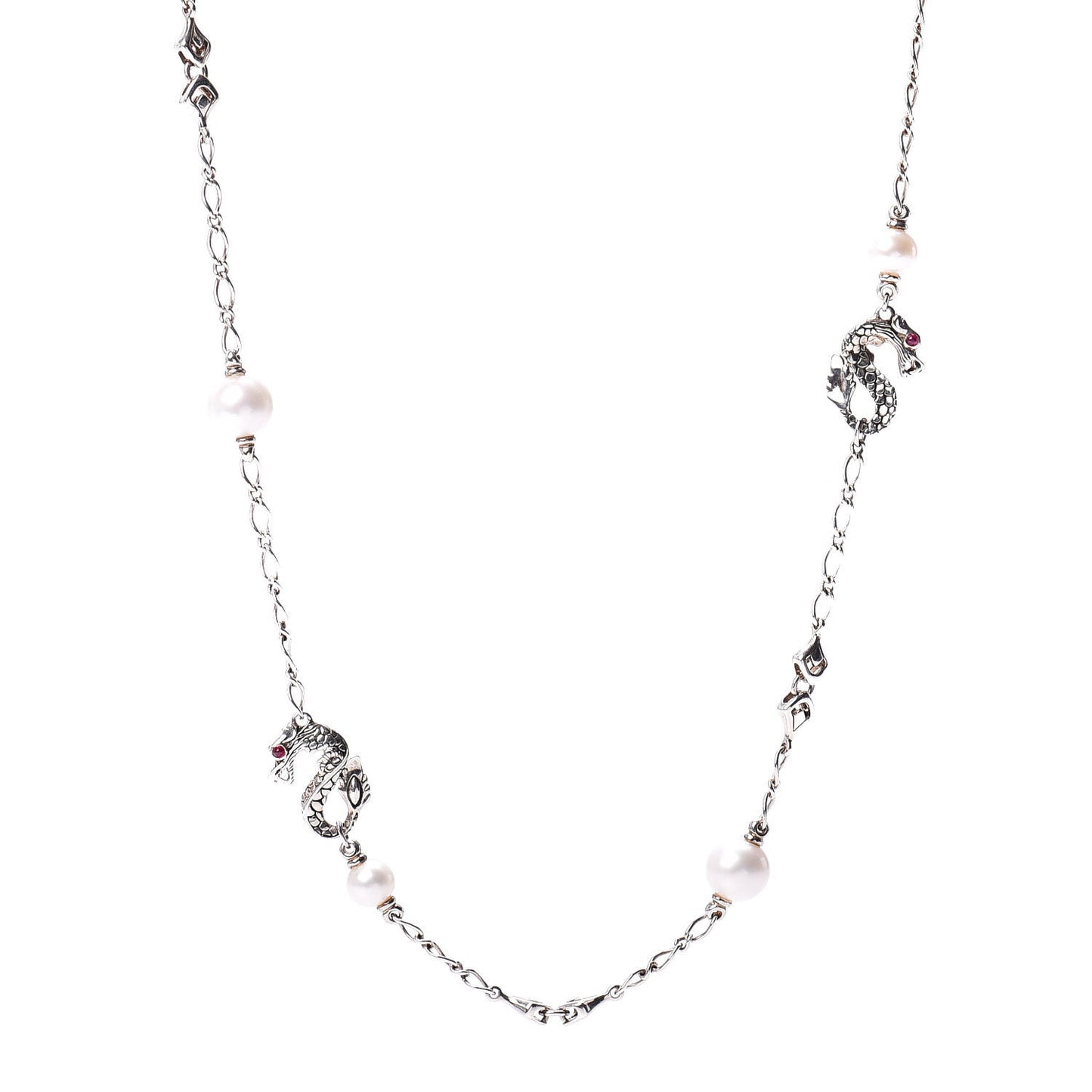 Sterling Silver Pearl Ruby Naga Dragon Sautoir Necklace