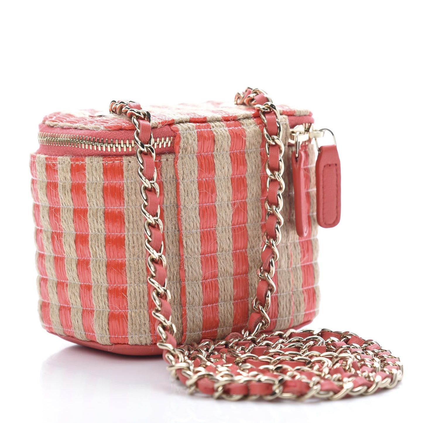 Raffia Jute Striped Mini Vanity Case With Chain Red Beige