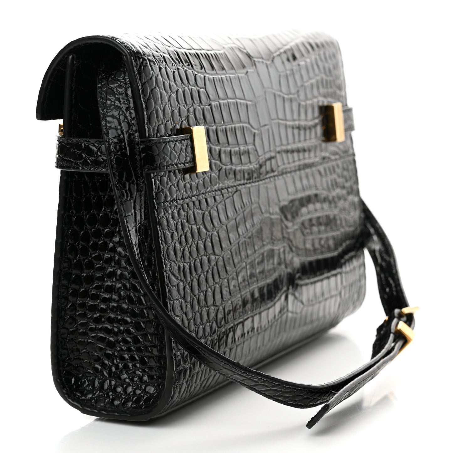 Shiny Calfskin Crocodile Embossed Small Manhattan Baguette Black
