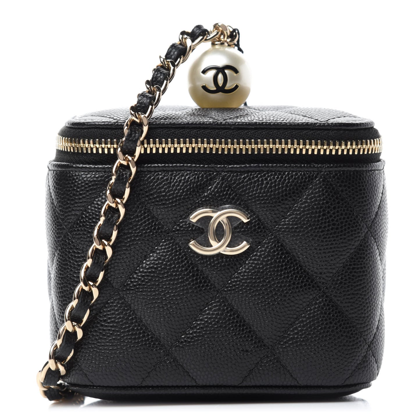 Caviar Quilted Mini Pearl On Top Vanity Case With Chain Black