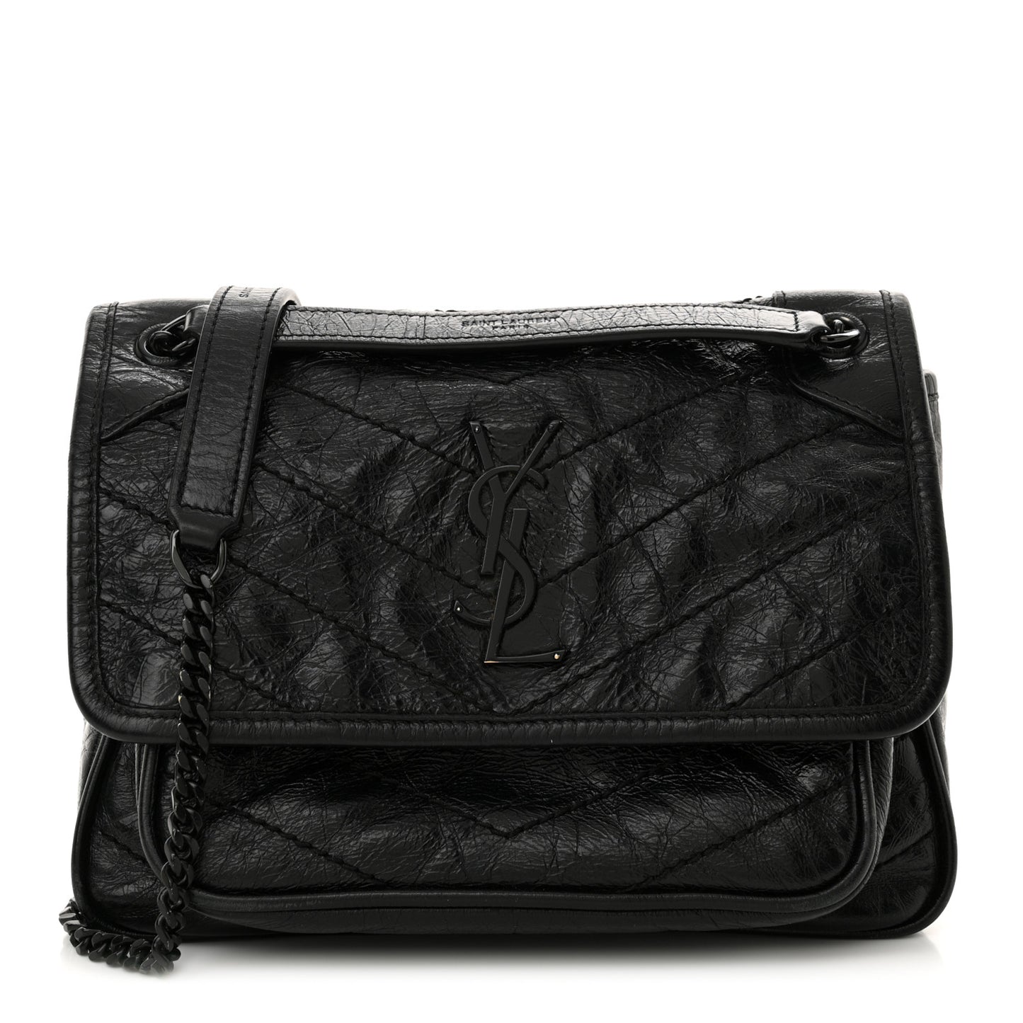 Crinkled Calfskin Matelasse Monogram Baby Niki Chain Satchel Black