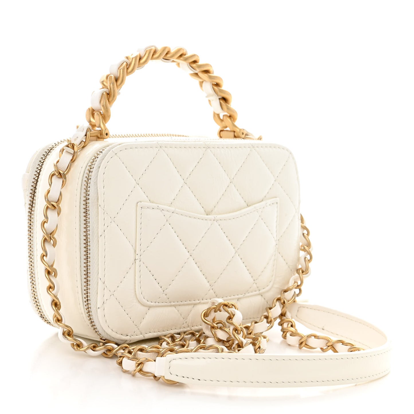 Crumpled Calfskin Quilted Mini Get Round Top Handle Vanity Case White