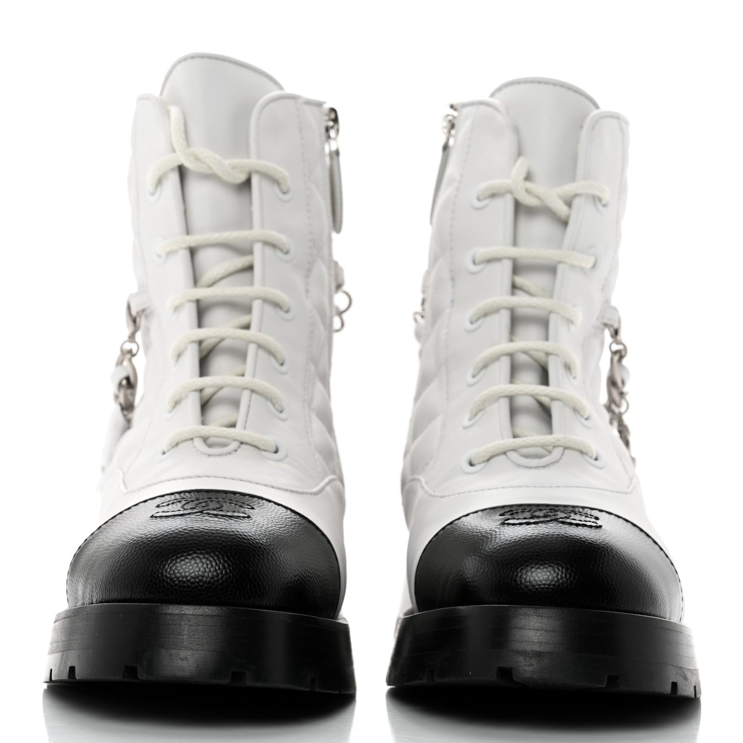Caviar Calfskin Quilted Chain Lace Up Combat Boots 35.5 White Black
