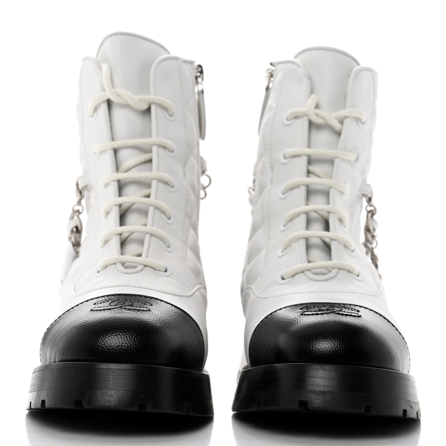 Chanel Caviar Calfskin Quilted Chain Lace Up Combat Boots 35.5 White Black 2 of 9