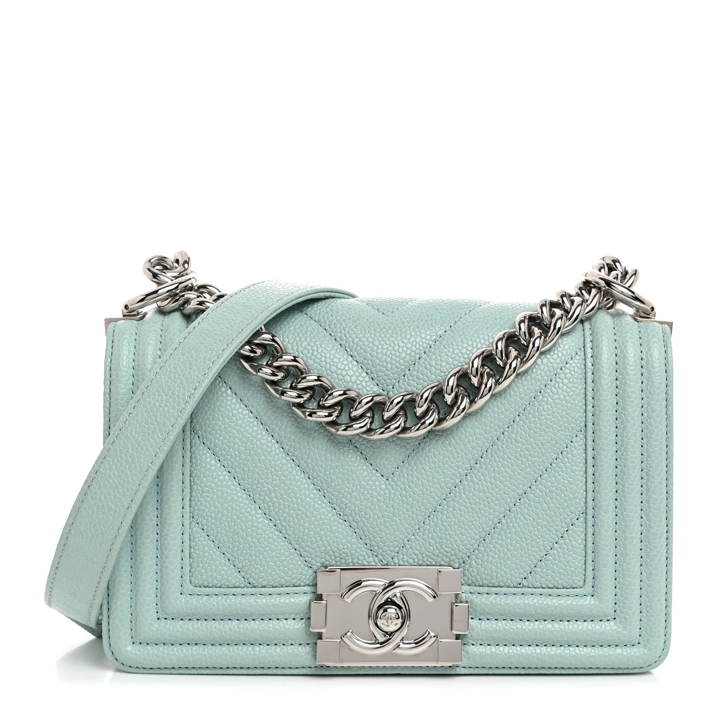 Caviar Chevron Quilted Small Boy Flap Light Blue