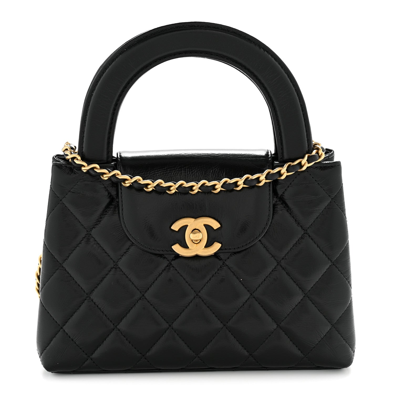 Chanel Shiny Aged Calfskin Quilted Nano Kelly Shopper Black