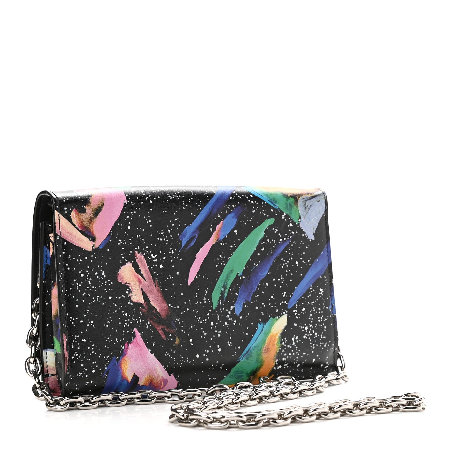 Calfskin Splash Print Twist Chain Wallet Black