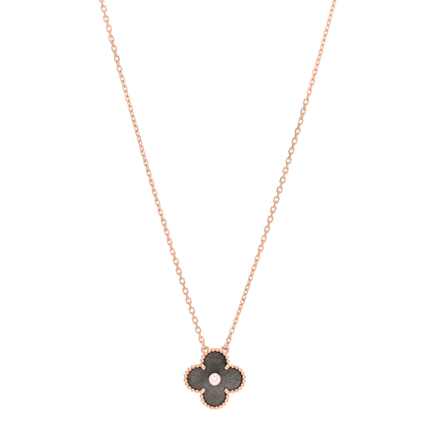 18K Rose Gold Diamond Silver Obsidian Vintage Alhambra Pendant Necklace