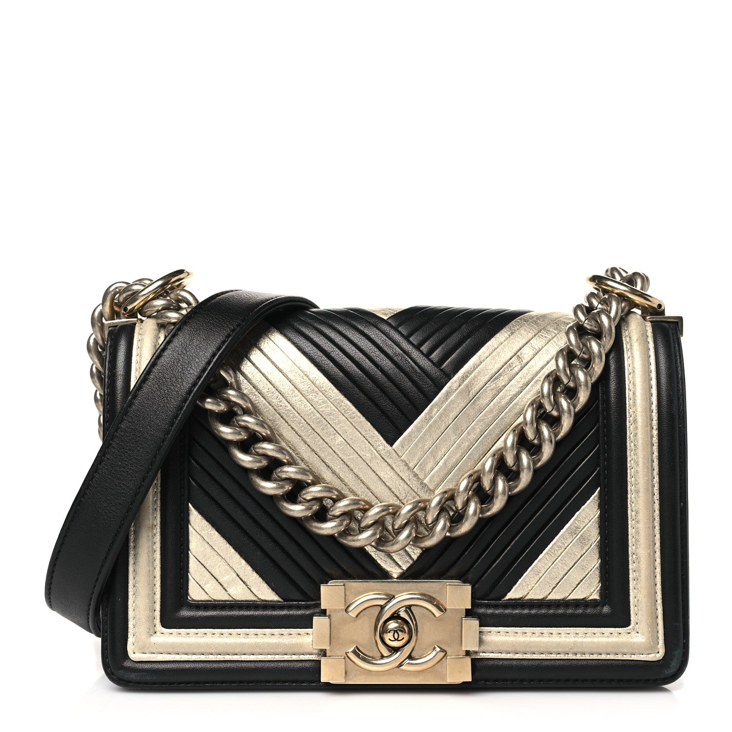 Chanel Metallic Calfskin Pleated Small Boy In Rome Flap Black Gold 1 of 10