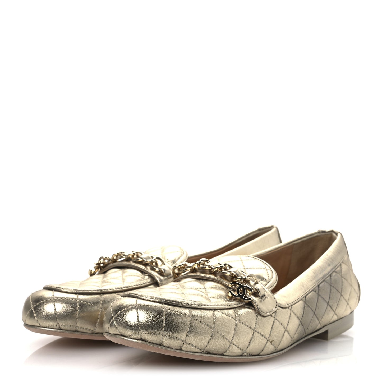 Metallic Lambskin Quilted Womens Chain CC Loafers 39.5 Gold
