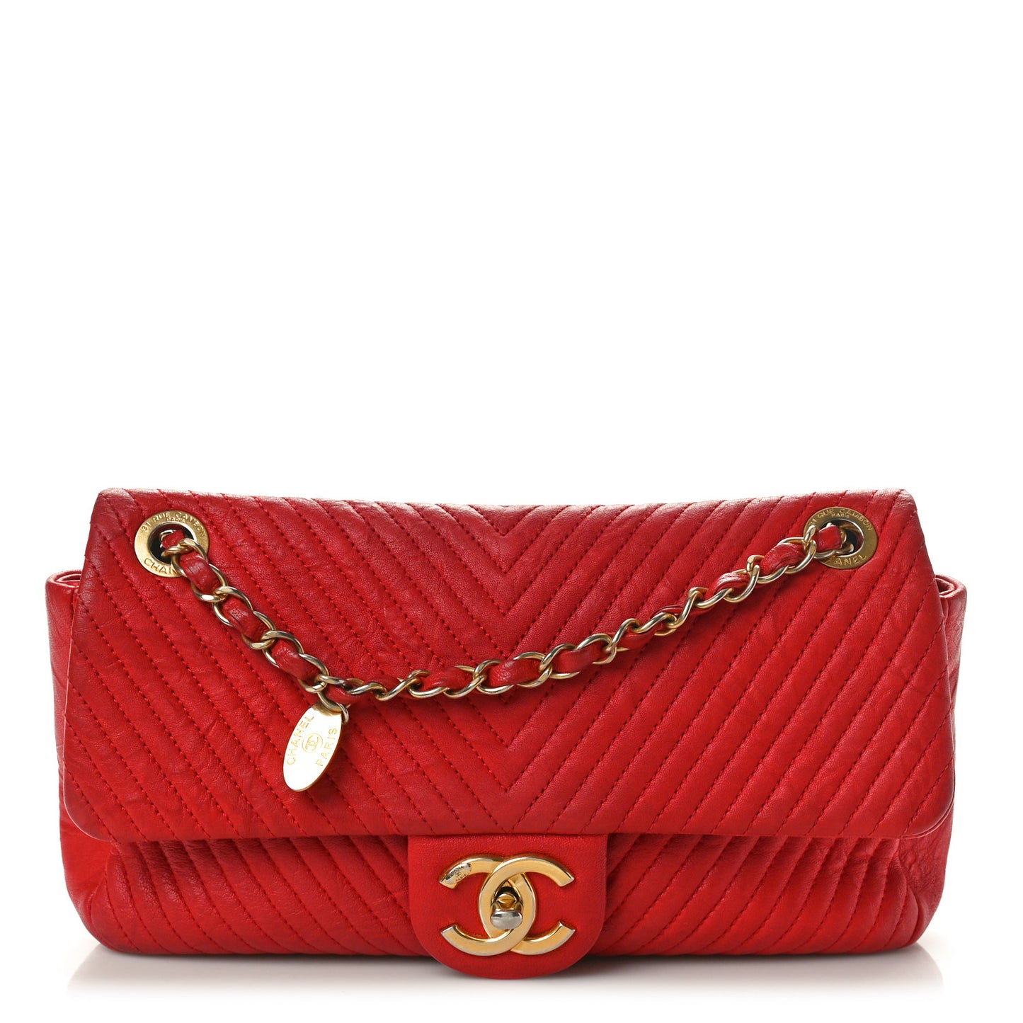 Calfskin Surpique Chevron Medium Flap Red