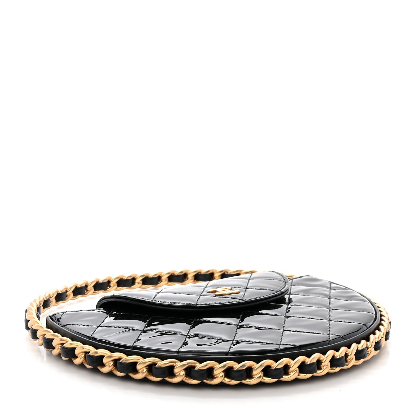 Patent Calfskin Quilted Chain Hoop Bag Black