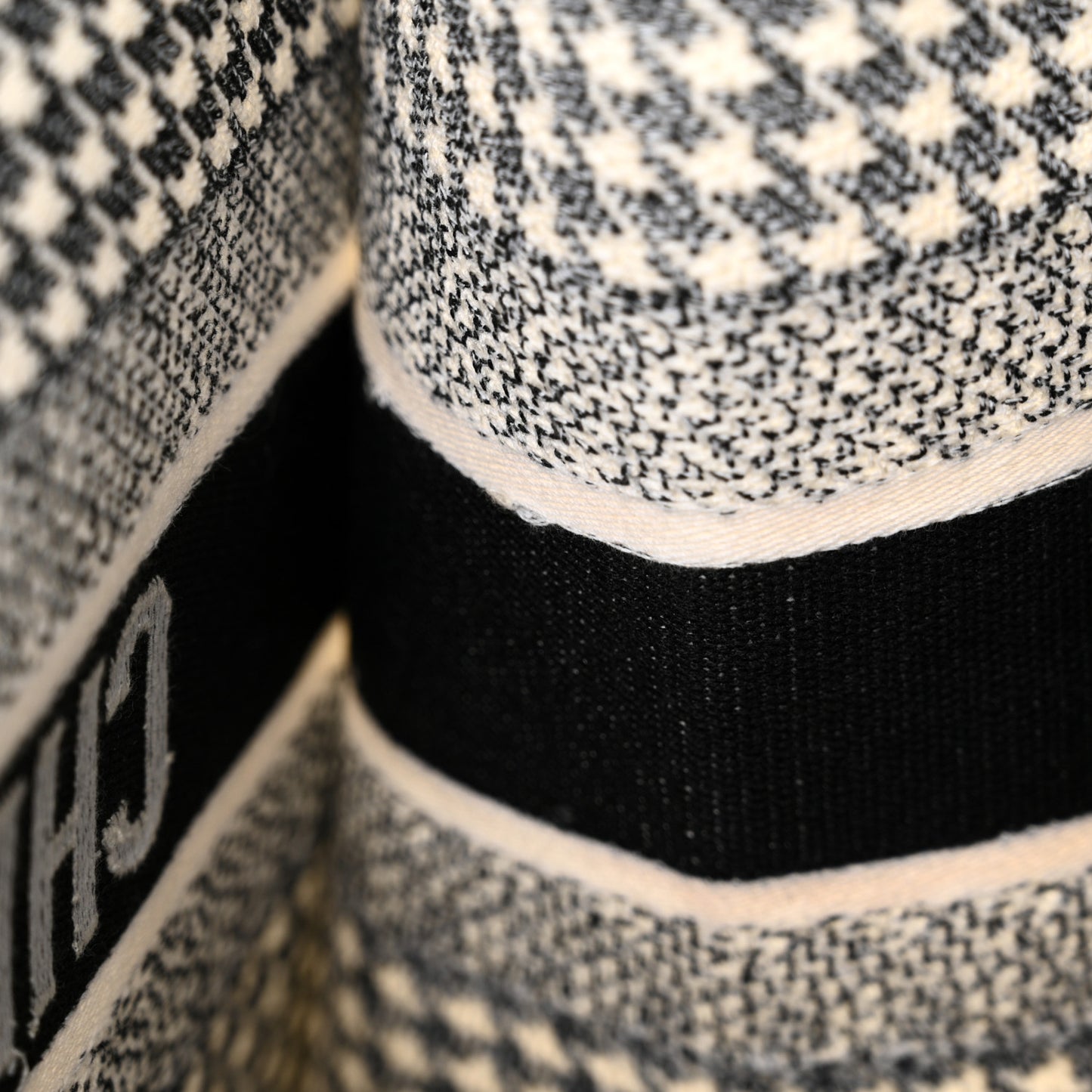 Canvas Houndstooth Embroidered Medium Book Tote Black White