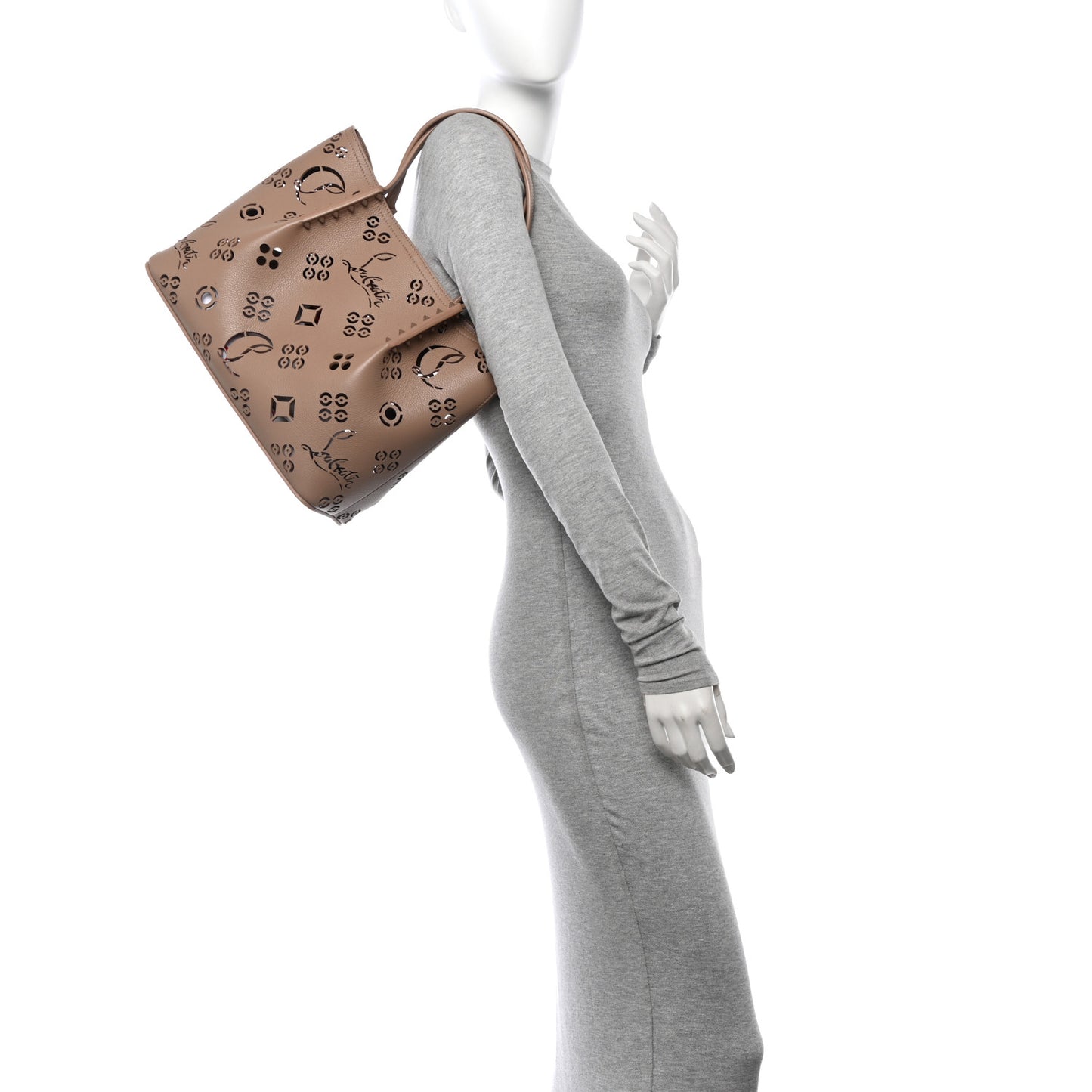 Calfskin Perforated Loubinthesky Small Cabarock Spikes Tote Beige
