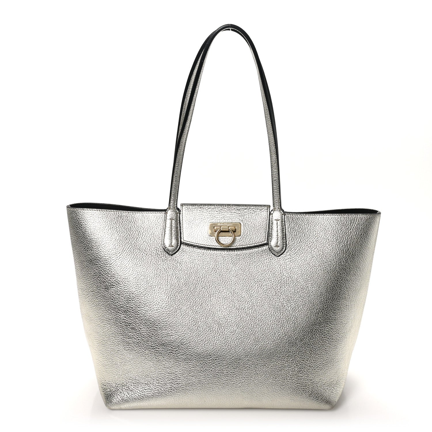 Salvatore Ferragamo Metallic Grained Calfskin Travel Tote Silver 1 of 11