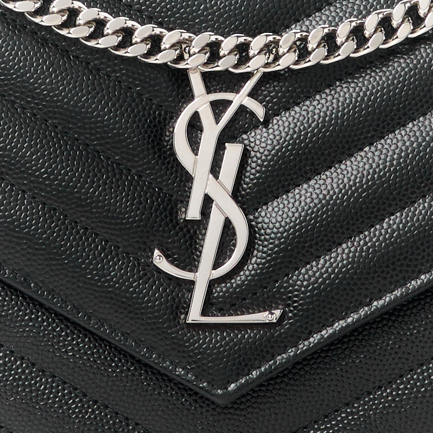Saint Laurent Grain De Poudre Matelasse Chevron Monogram Chain Wallet Black 7 of 10