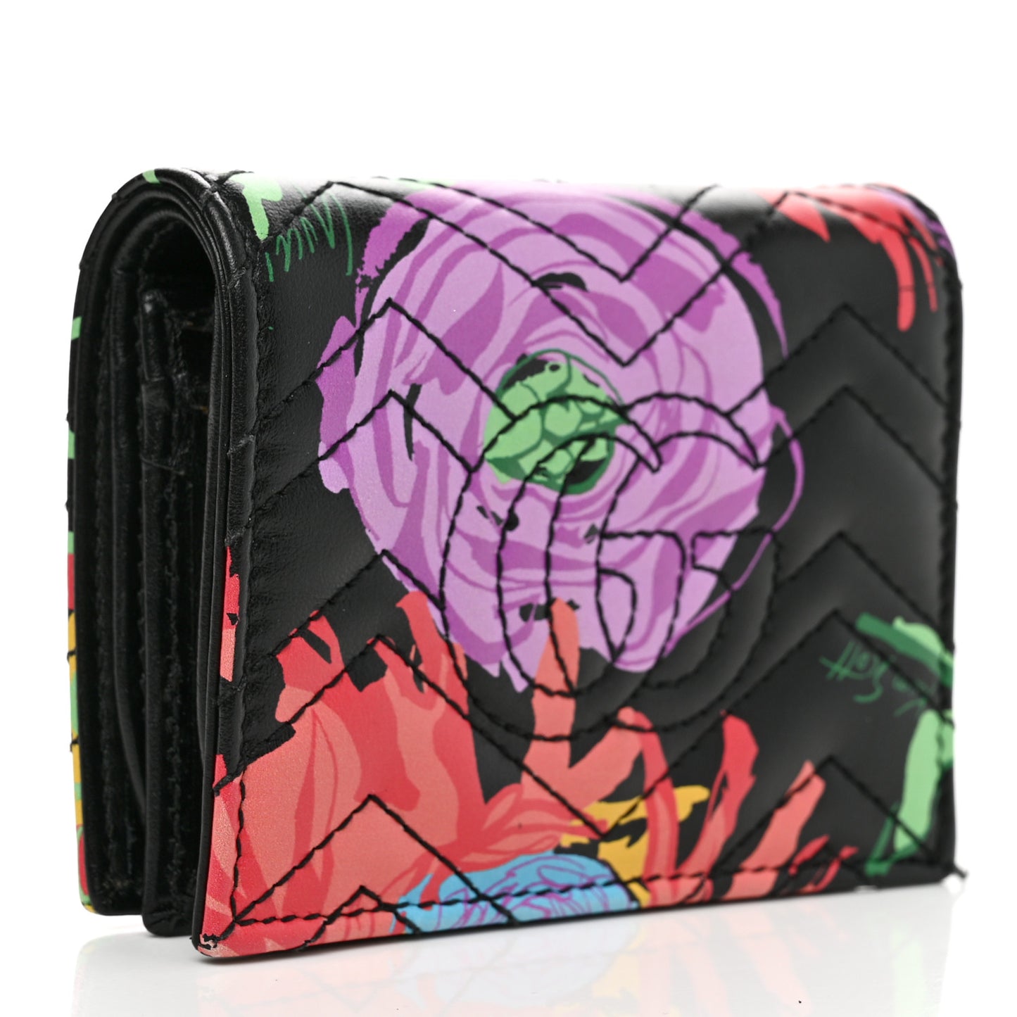 X KEN SCOTT Calfskin Matelasse Floral Print GG Marmont Card Case Wallet Black