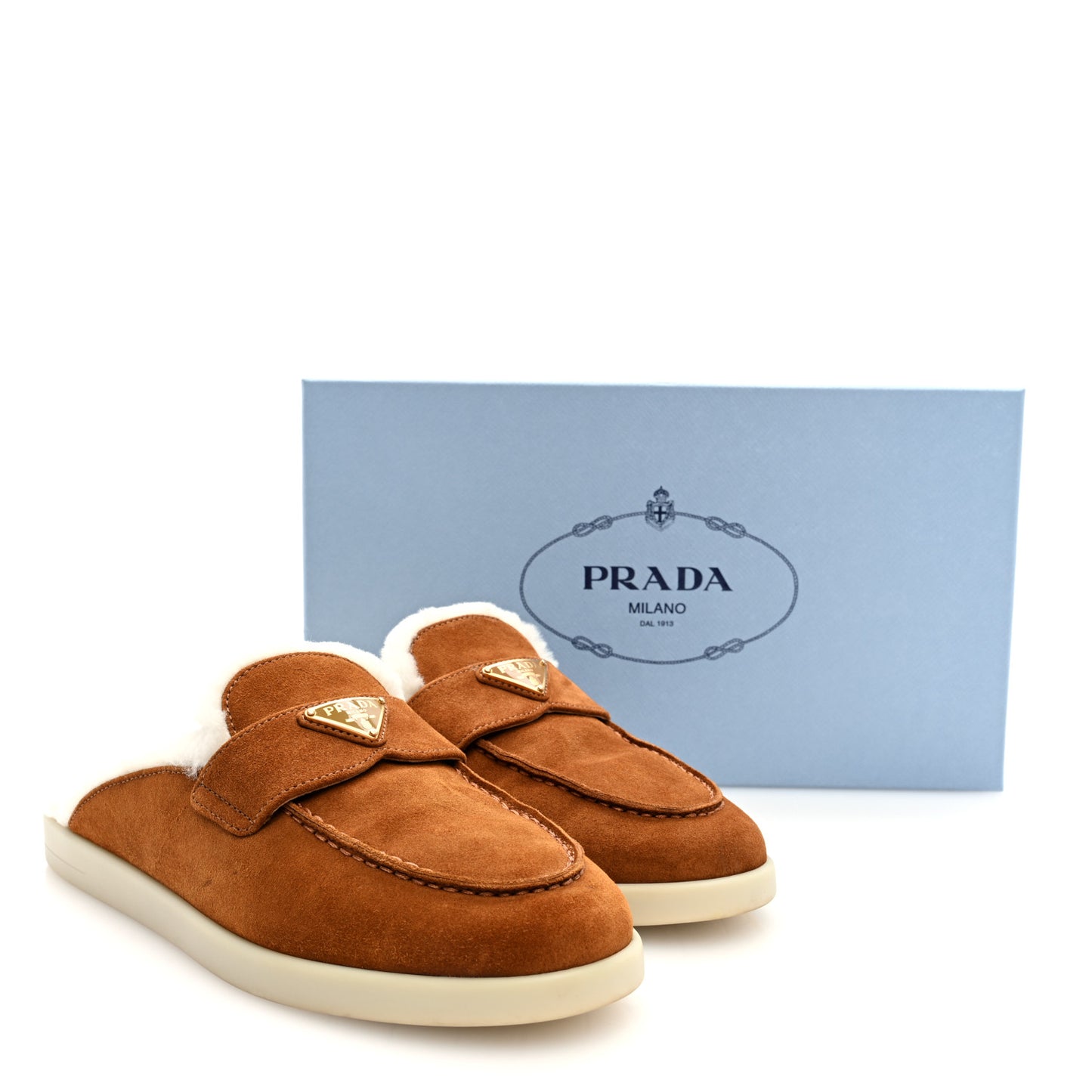 Suede Shearling Triangle Logo Loafer Mules 37 Cognac