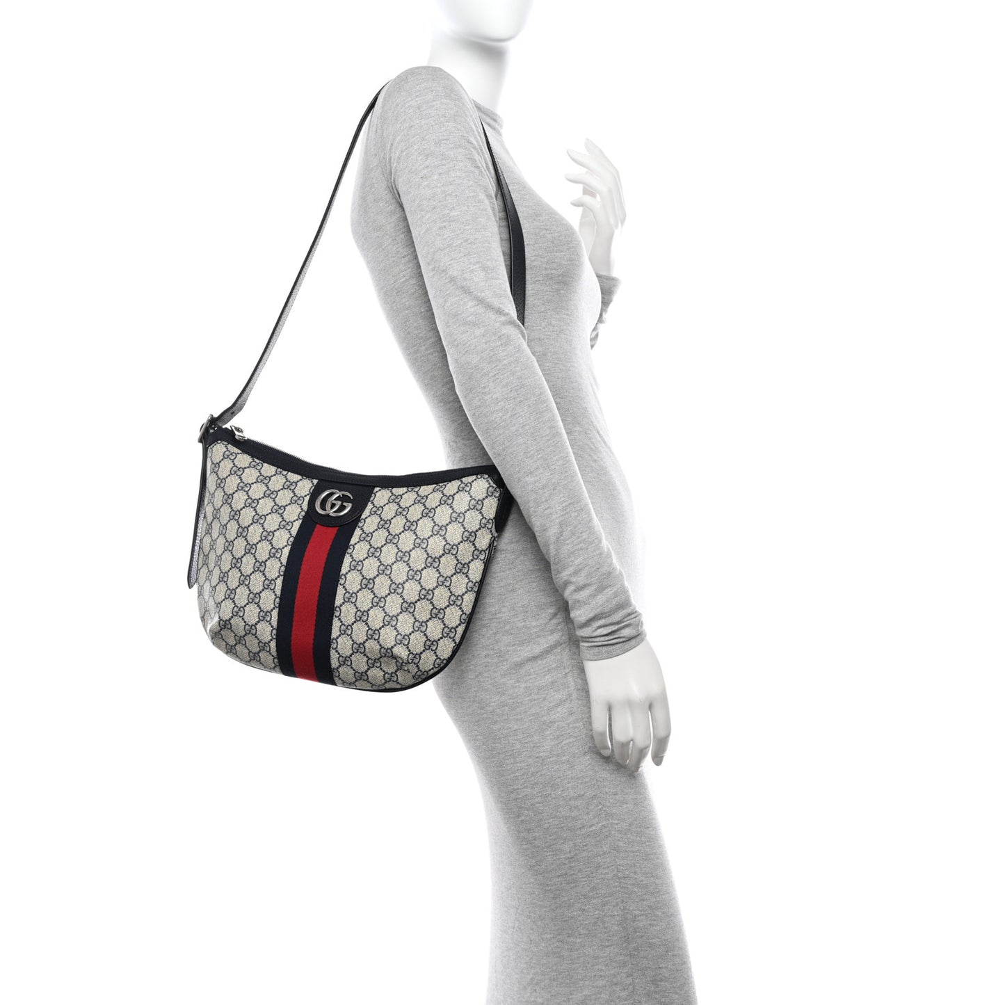 GG Supreme Monogram Textured Dollar Calfskin Web Small Ophidia Half Moon Hobo Beige Blue
