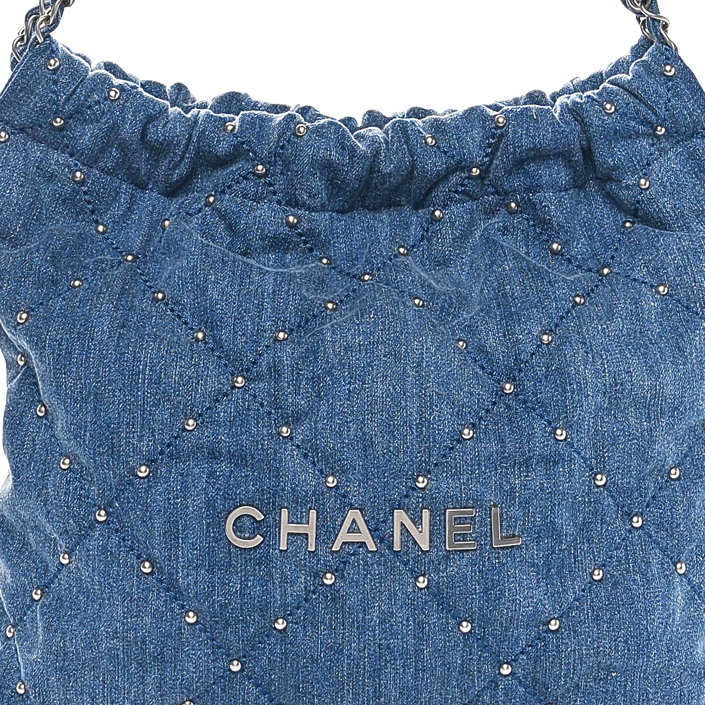 Washed Denim Quilted Studded Small Chanel 22 Blue
